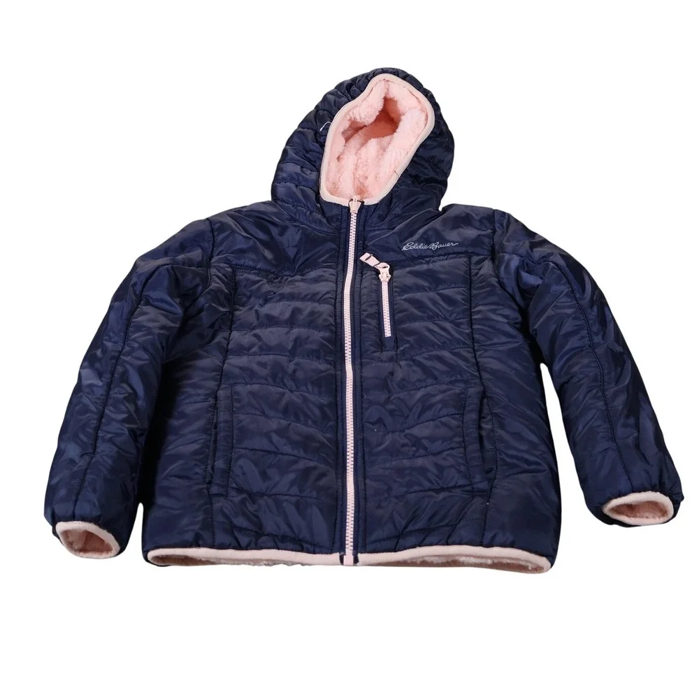 Eddie Bauer Jacket Girls XS Navy Blue Pink Hooded Puffer‎ Quilted Fleece Lined